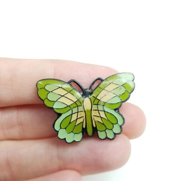 Vintage Jewelry - Vintage Little Green Enamel Butterfly Brooch, Unique Design, Retro Estate